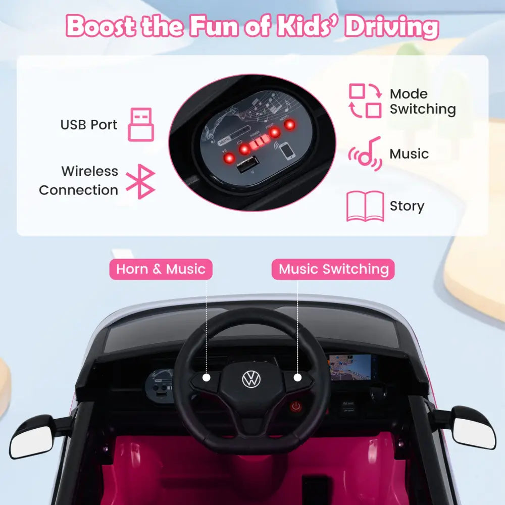 12V Kids Electric Car Bus with Music and LED Headlights Licensed Volkswagen-Pink - Pink - Powered Ride On Toys