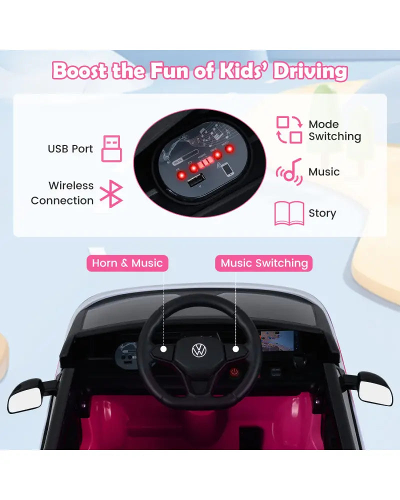 12V Kids Electric Car Bus with Music and LED Headlights Licensed Volkswagen-Pink - Pink - Powered Ride On Toys