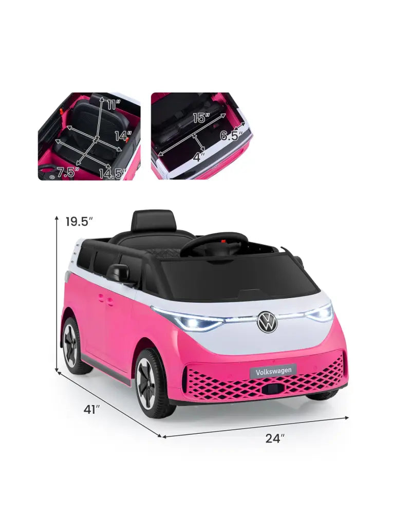12V Kids Electric Car Bus with Music and LED Headlights Licensed Volkswagen-Pink - Pink - Powered Ride On Toys
