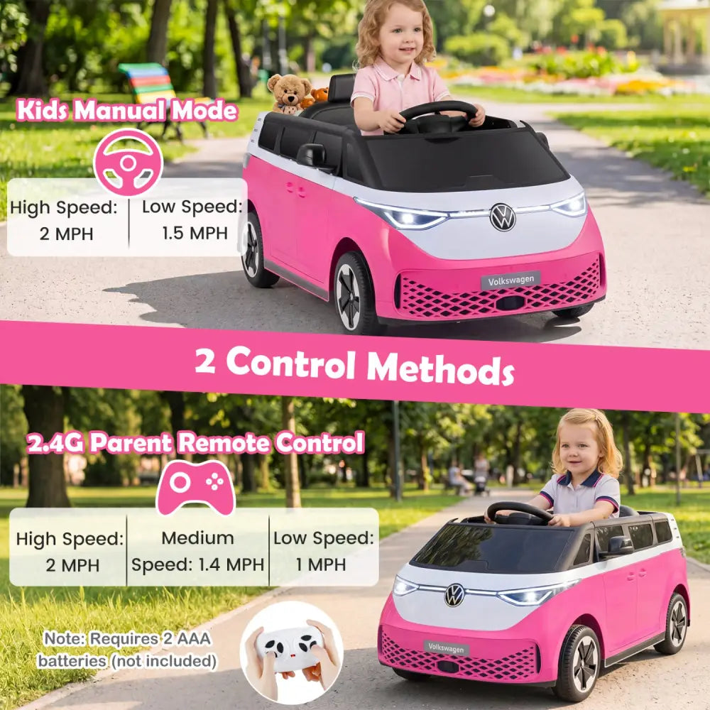 12V Kids Electric Car Bus with Music and LED Headlights Licensed Volkswagen-Pink - Pink - Powered Ride On Toys