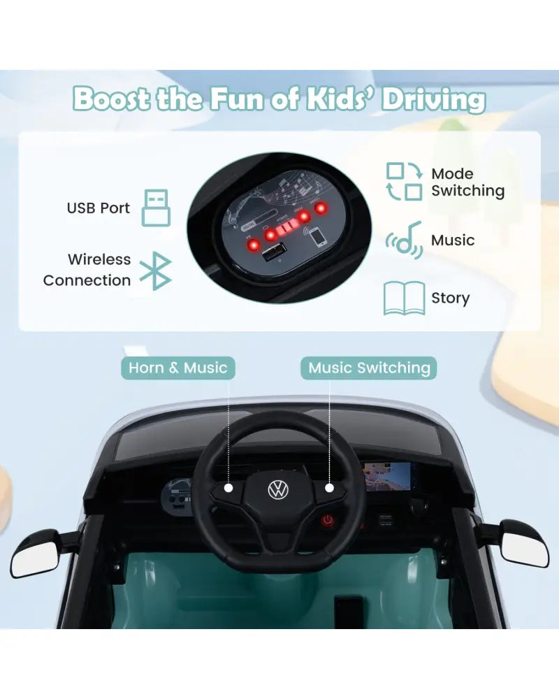 12V Kids Electric Car Bus with Music and LED Headlights Licensed Volkswagen-Blue - Light Blue - Powered Ride On Toys