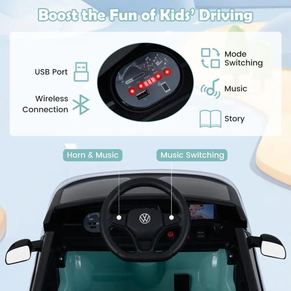 12V Kids Electric Car Bus with Music and LED Headlights Licensed Volkswagen-Blue - Light Blue - Powered Ride On Toys