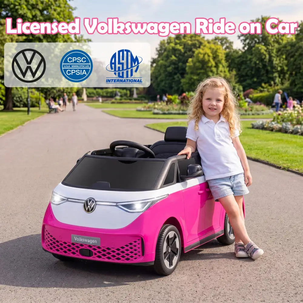 12V Kids Electric Car Bus with Music and LED Headlights Licensed Volkswagen-Pink - Pink - Powered Ride On Toys