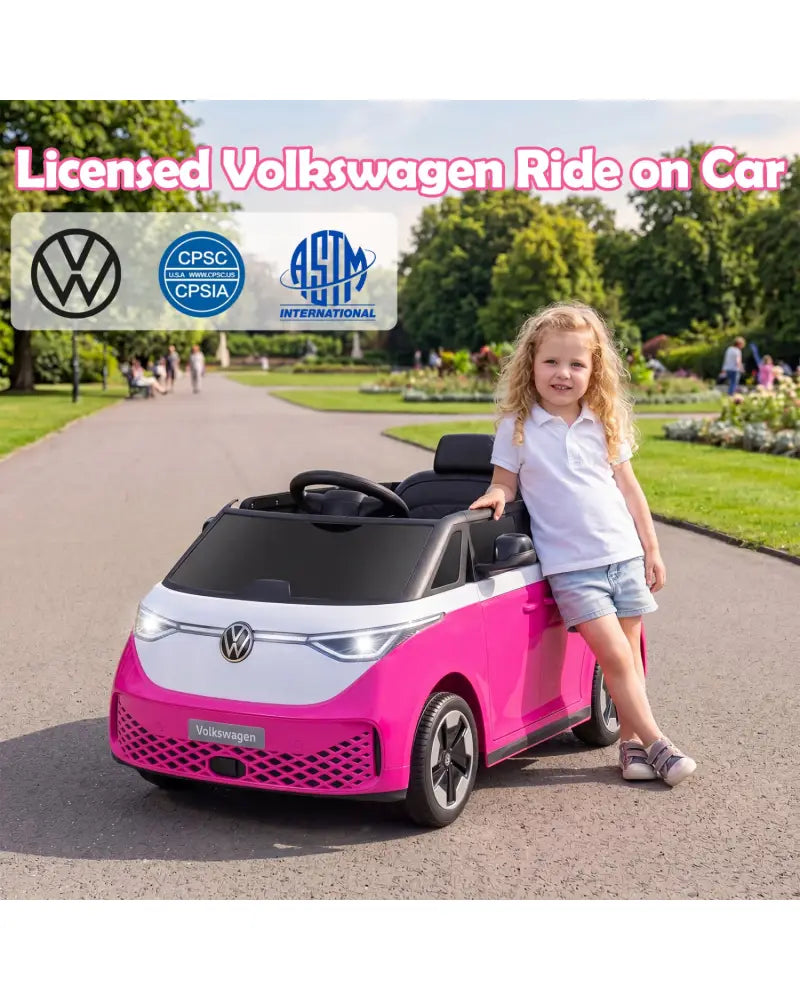 12V Kids Electric Car Bus with Music and LED Headlights Licensed Volkswagen-Pink - Pink - Powered Ride On Toys