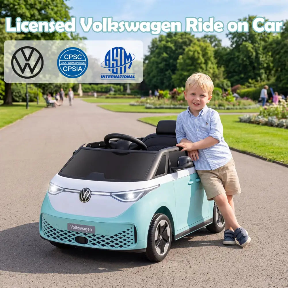 12V Kids Electric Car Bus with Music and LED Headlights Licensed Volkswagen-Blue - Light Blue - Powered Ride On Toys