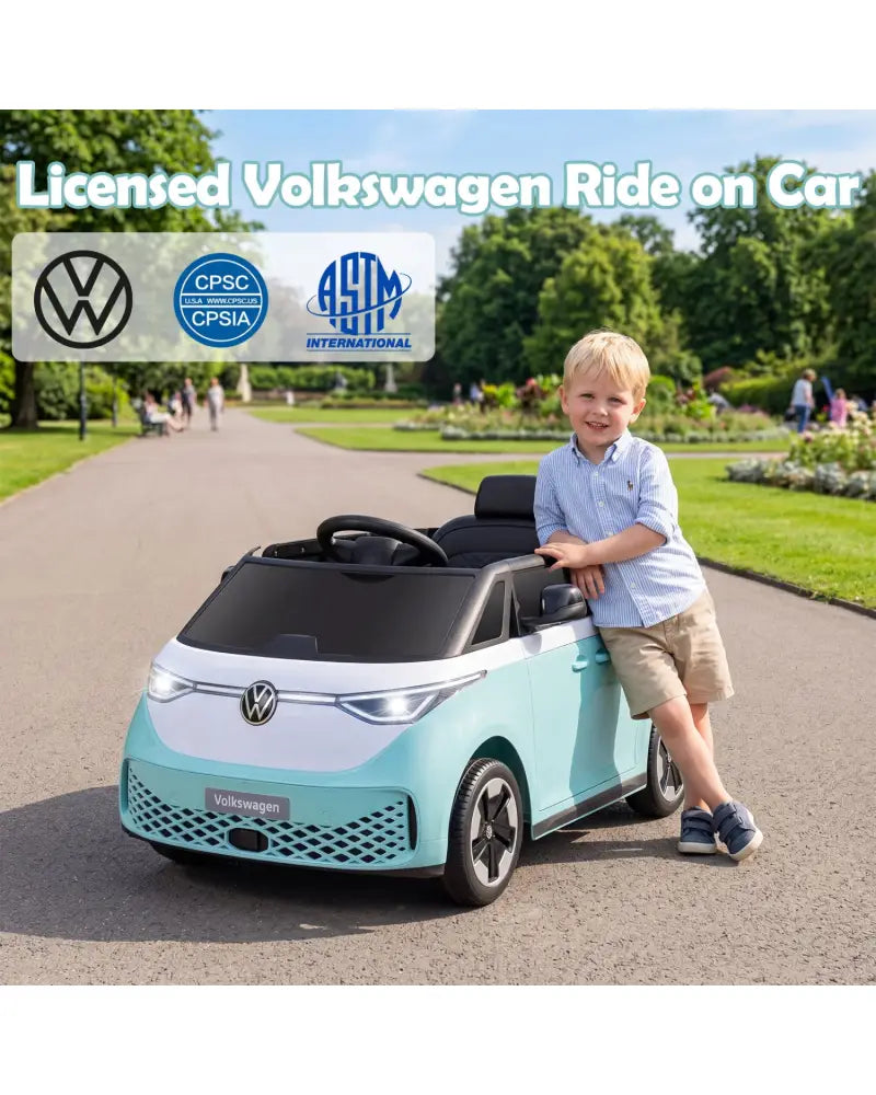 12V Kids Electric Car Bus with Music and LED Headlights Licensed Volkswagen-Blue - Light Blue - Powered Ride On Toys