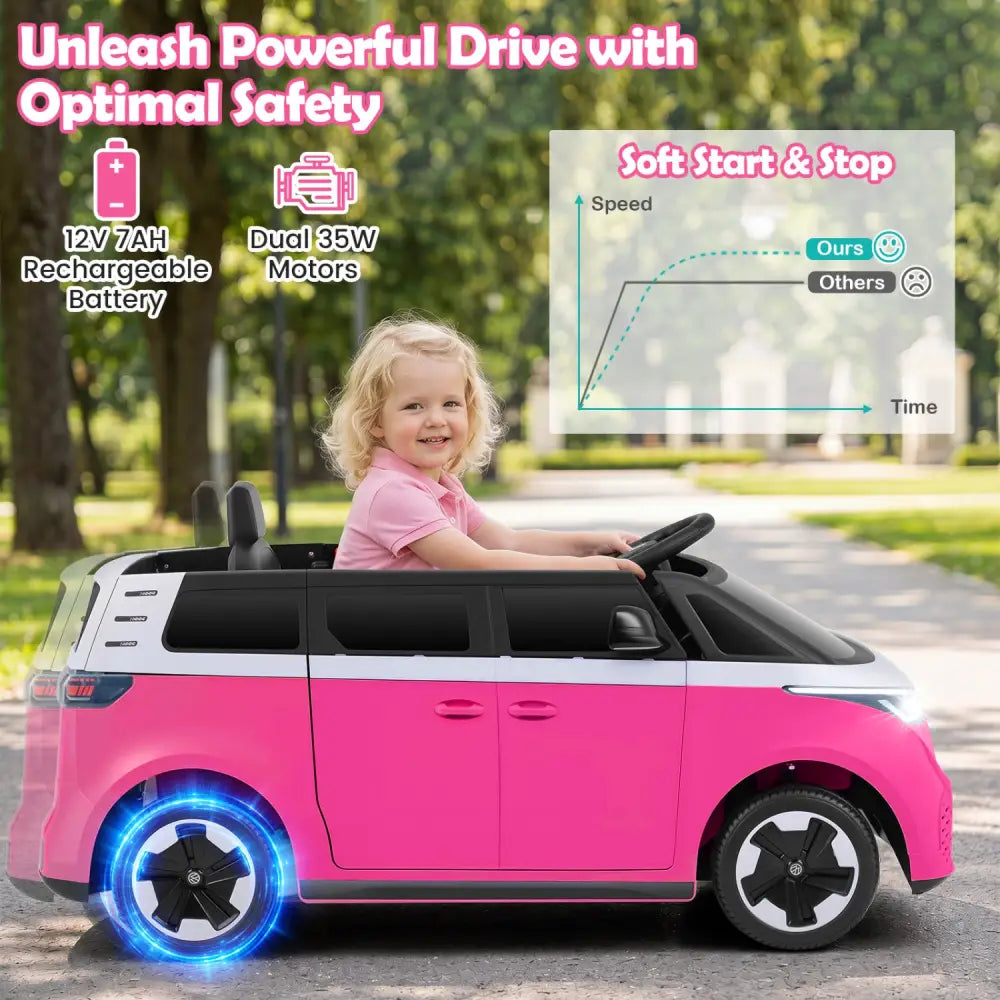 12V Kids Electric Car Bus with Music and LED Headlights Licensed Volkswagen-Pink - Pink - Powered Ride On Toys