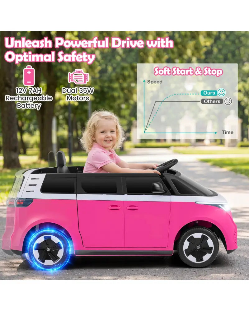12V Kids Electric Car Bus with Music and LED Headlights Licensed Volkswagen-Pink - Pink - Powered Ride On Toys