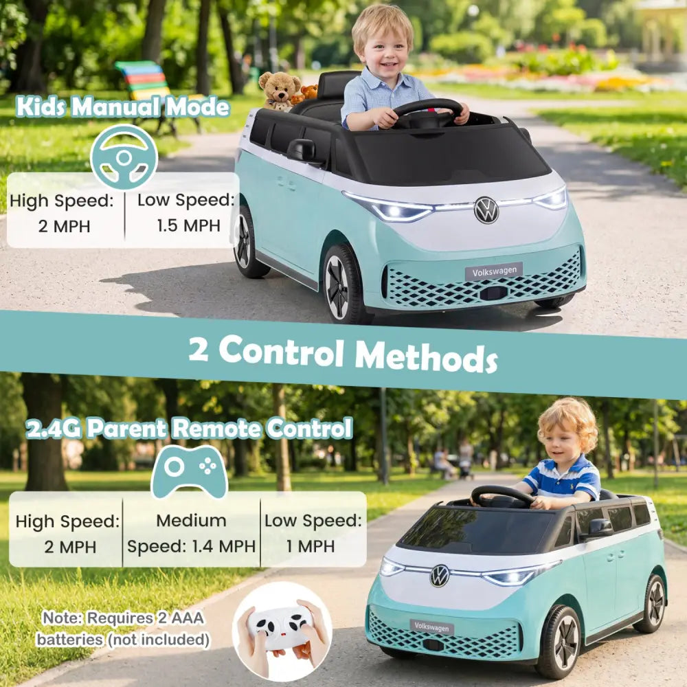 12V Kids Electric Car Bus with Music and LED Headlights Licensed Volkswagen-Blue - Light Blue - Powered Ride On Toys