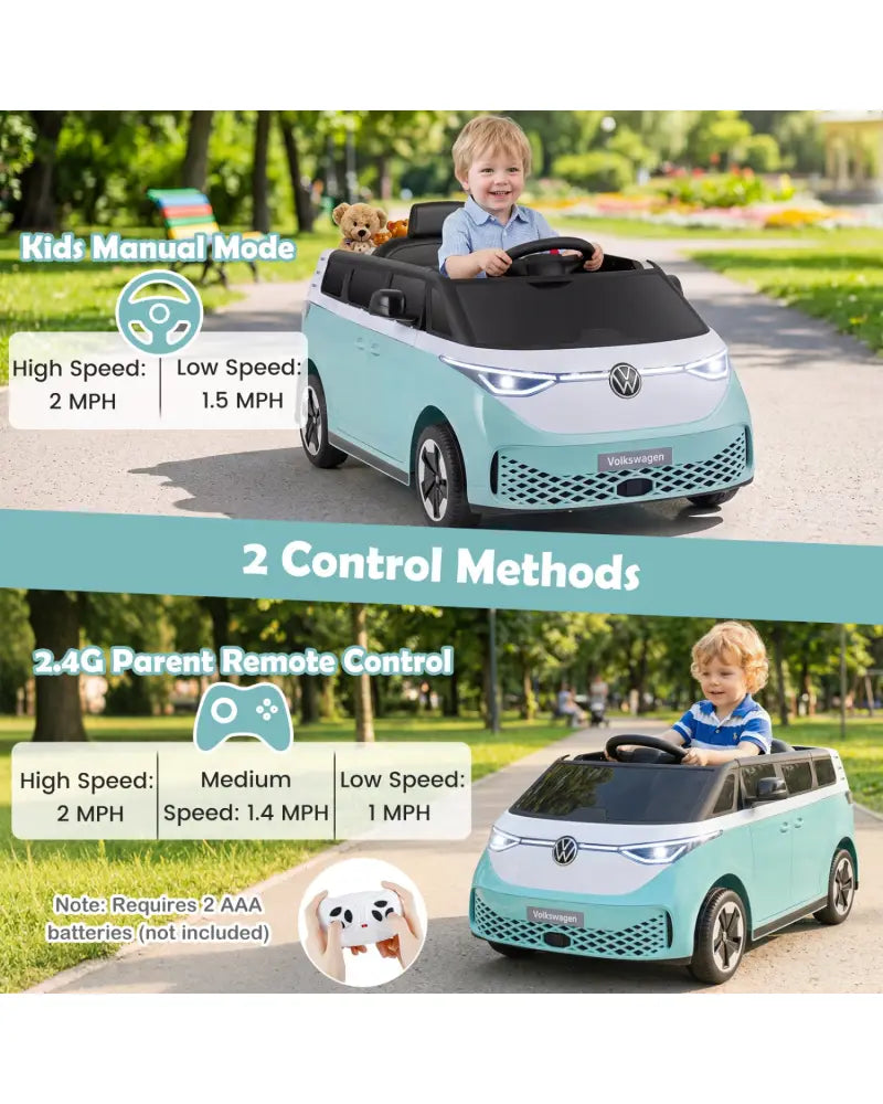 12V Kids Electric Car Bus with Music and LED Headlights Licensed Volkswagen-Blue - Light Blue - Powered Ride On Toys