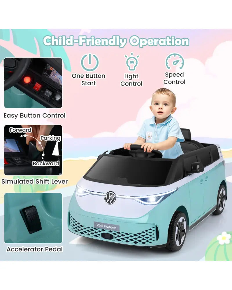 12V Kids Electric Car Bus with Music and LED Headlights Licensed Volkswagen-Blue - Light Blue - Powered Ride On Toys