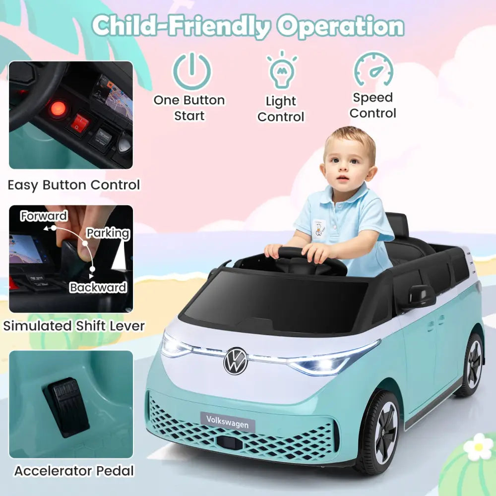 12V Kids Electric Car Bus with Music and LED Headlights Licensed Volkswagen-Blue - Light Blue - Powered Ride On Toys