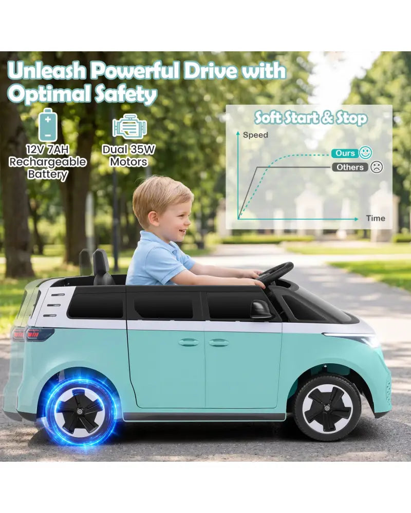 12V Kids Electric Car Bus with Music and LED Headlights Licensed Volkswagen-Blue - Light Blue - Powered Ride On Toys
