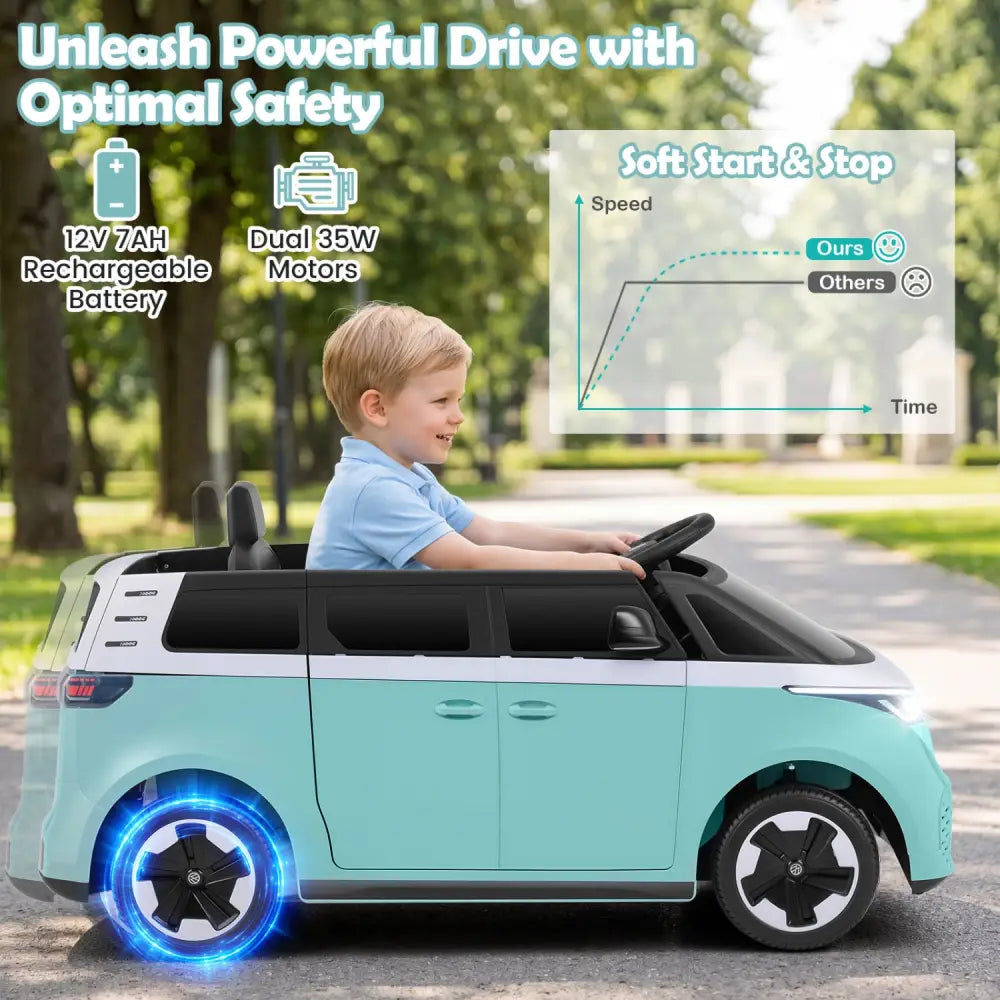 12V Kids Electric Car Bus with Music and LED Headlights Licensed Volkswagen-Blue - Light Blue - Powered Ride On Toys