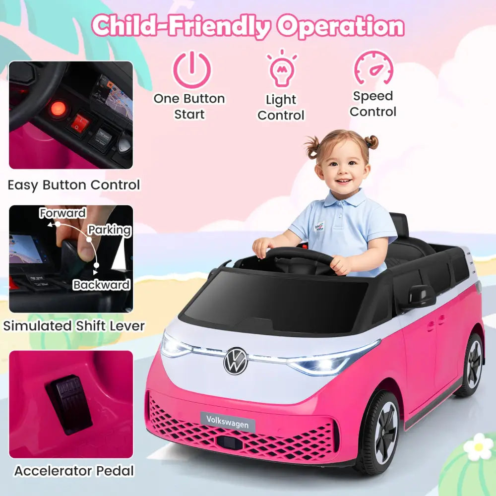 12V Kids Electric Car Bus with Music and LED Headlights Licensed Volkswagen-Pink - Pink - Powered Ride On Toys