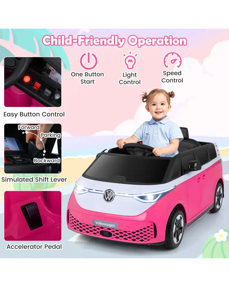 12V Kids Electric Car Bus with Music and LED Headlights Licensed Volkswagen-Pink - Pink - Powered Ride On Toys