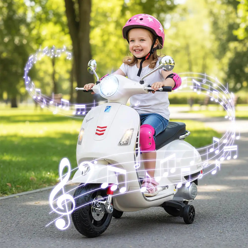 12V Kids Electric Motorcycle Licensed VESPA with Music and Training Wheels-White - White - Powered Ride On Toys