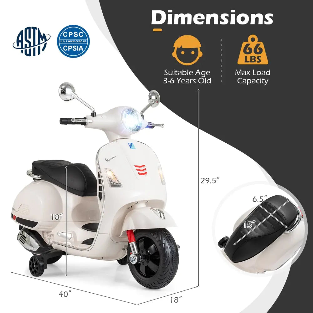 12V Kids Electric Motorcycle Licensed VESPA with Music and Training Wheels-White - White - Powered Ride On Toys