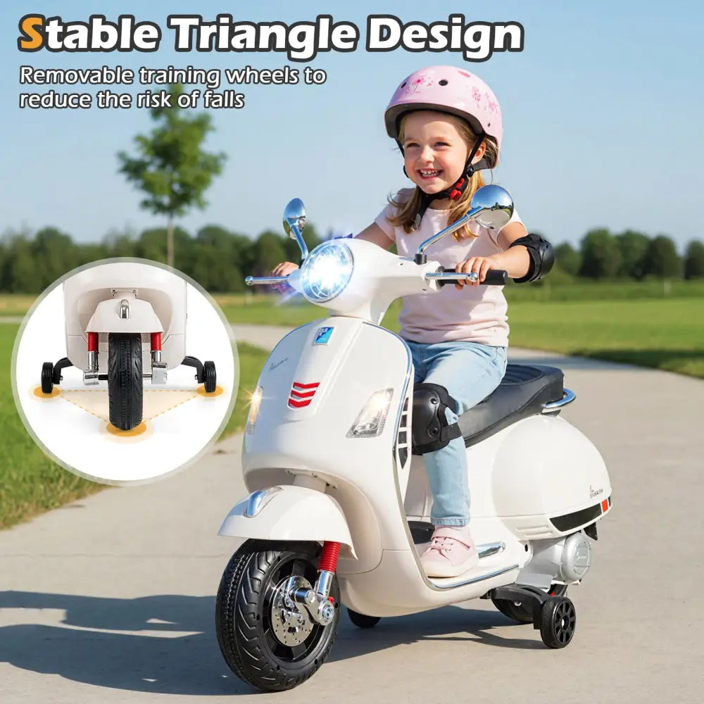 12V Kids Electric Motorcycle Licensed VESPA with Music and Training Wheels-White - White - Powered Ride On Toys