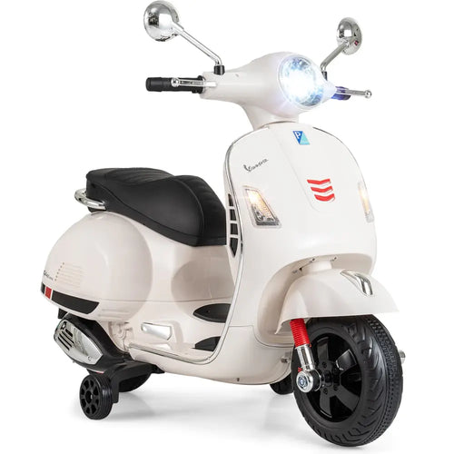 12V Kids Electric Motorcycle Licensed VESPA with Music and Training Wheels-White - White - Powered Ride On Toys