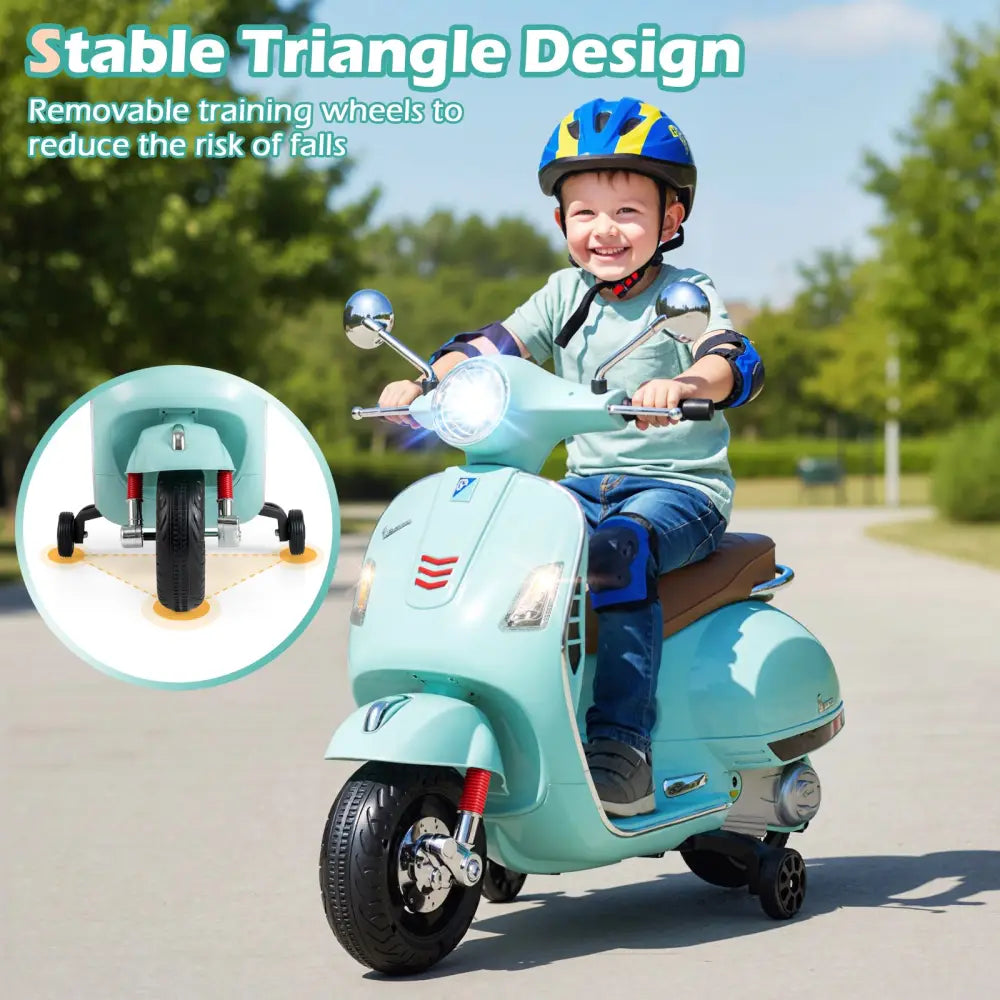 12V Kids Electric Motorcycle Licensed VESPA with Music and Training Wheels-Green - Green - Powered Ride On Toys