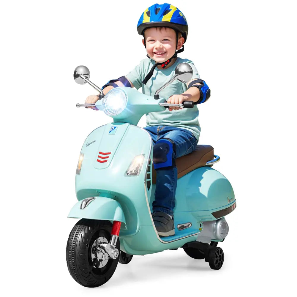12V Kids Electric Motorcycle Licensed VESPA with Music and Training Wheels-Green - Green - Powered Ride On Toys