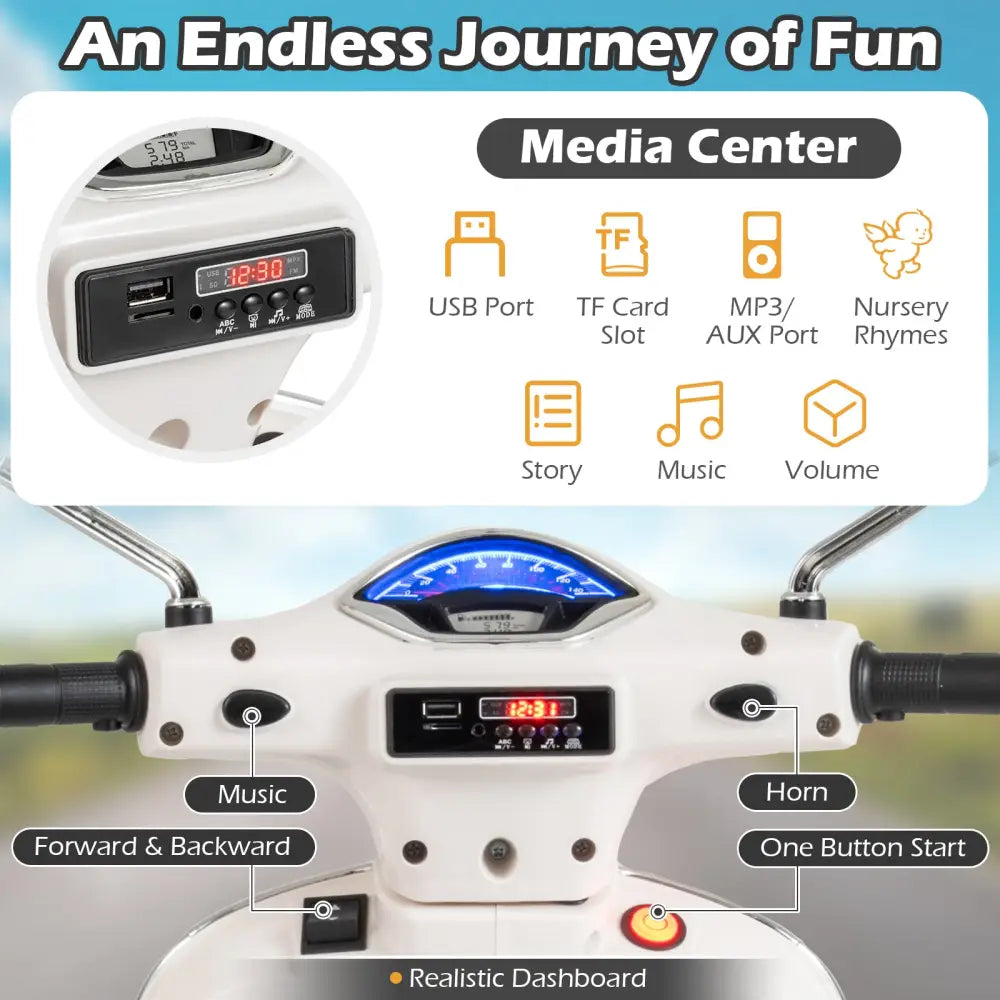 12V Kids Electric Motorcycle Licensed VESPA with Music and Training Wheels-White - White - Powered Ride On Toys