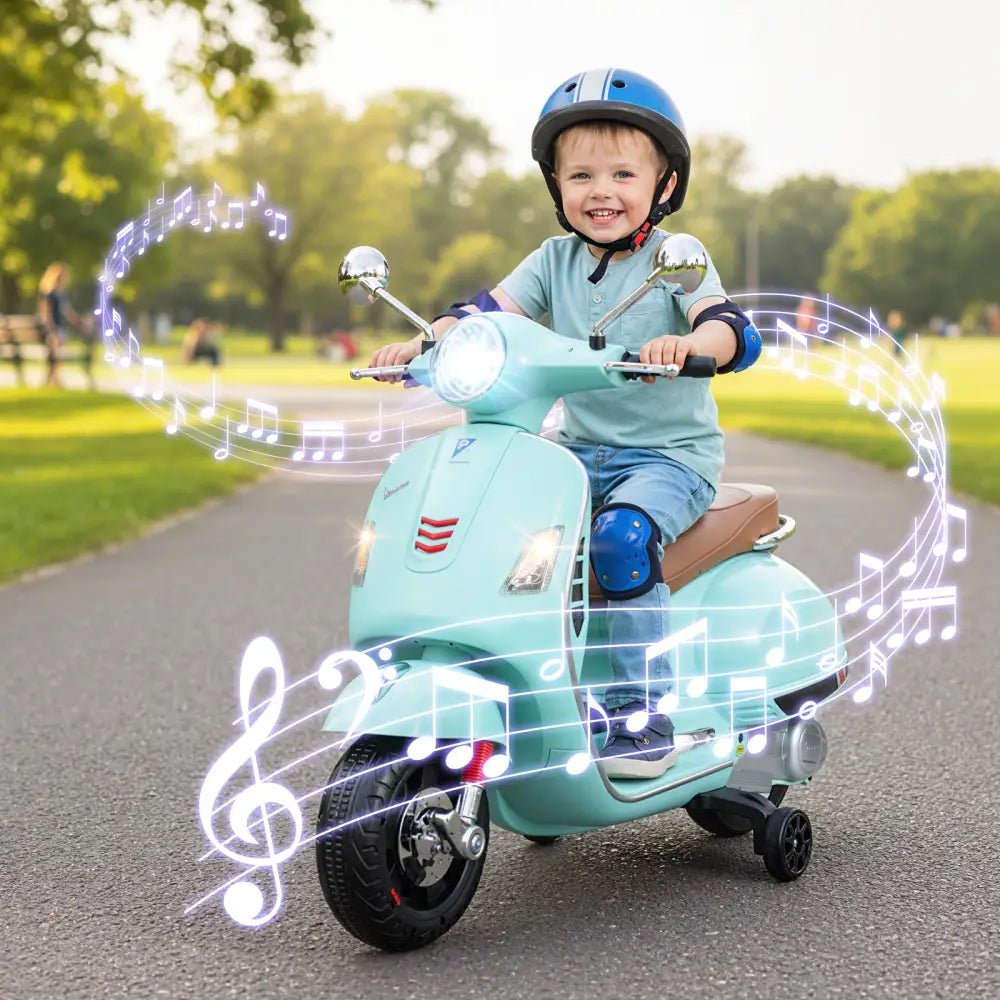 12V Kids Electric Motorcycle Licensed VESPA with Music and Training Wheels-Green - Green - Powered Ride On Toys