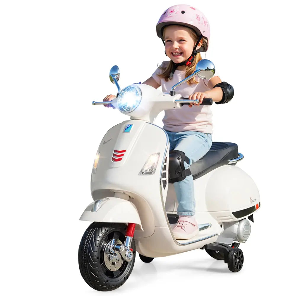 12V Kids Electric Motorcycle Licensed VESPA with Music and Training Wheels-White - White - Powered Ride On Toys