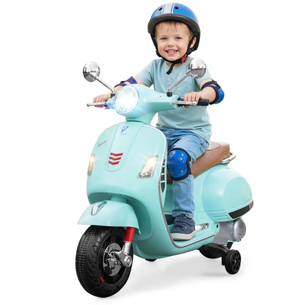 12V Kids Electric Motorcycle Licensed VESPA with Music and Training Wheels-Green - Green - Powered Ride On Toys