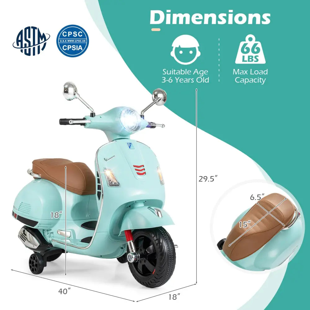 12V Kids Electric Motorcycle Licensed VESPA with Music and Training Wheels-Green - Green - Powered Ride On Toys