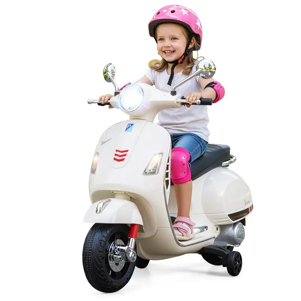 12V Kids Electric Motorcycle Licensed VESPA with Music and Training Wheels-White - White - Powered Ride On Toys