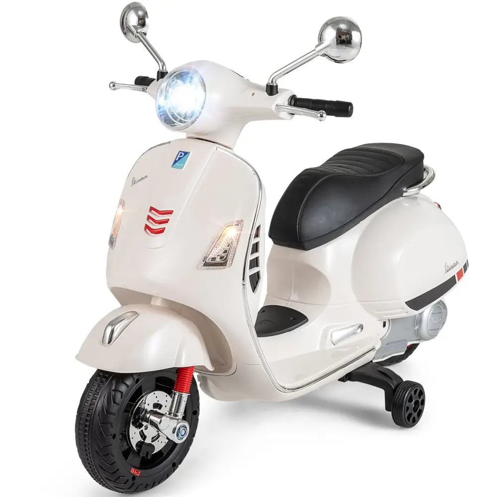 12V Kids Electric Motorcycle Licensed VESPA with Music and Training Wheels-White - White - Powered Ride On Toys