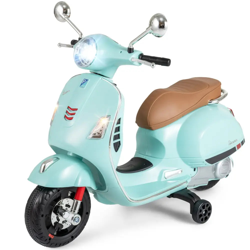 12V Kids Electric Motorcycle Licensed VESPA with Music and Training Wheels-Green - Green - Powered Ride On Toys