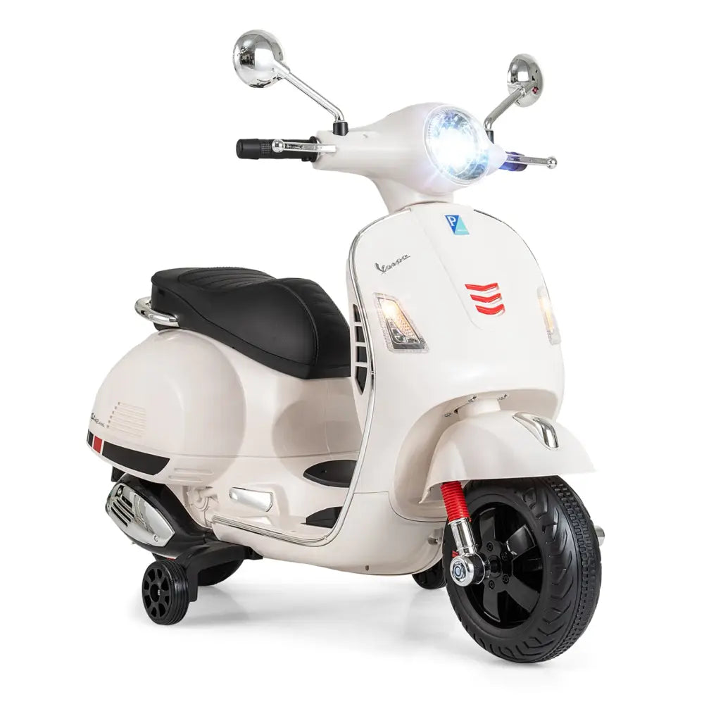 12V Kids Electric Motorcycle Licensed VESPA with Music and Training Wheels-White - White - Powered Ride On Toys