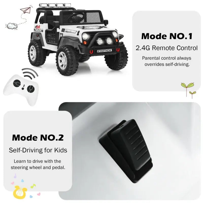 12V Kids Electric Ride On Truck with Remote Control and Operation Lever-White - White - Powered Ride On Toys