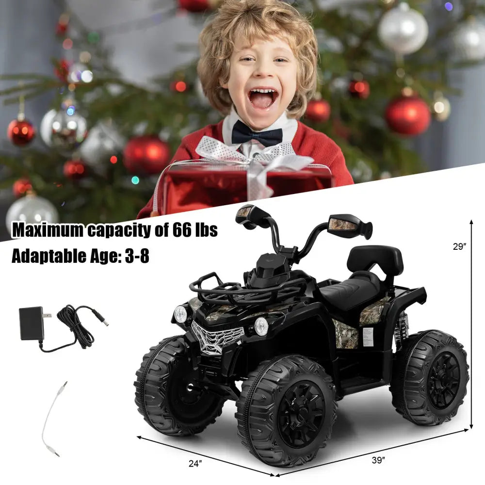 12V Kids Ride On ATV 4 Wheeler with MP3 and Headlights-Black - Black - Powered Ride On Toys