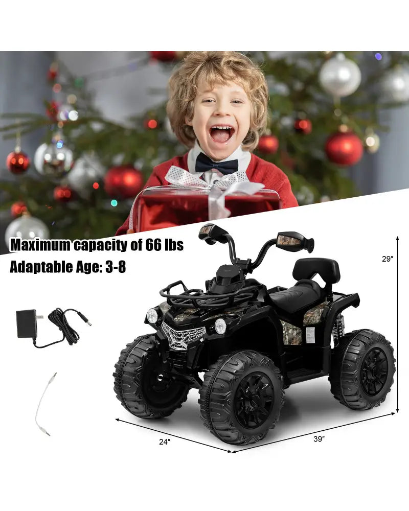 12V Kids Ride On ATV 4 Wheeler with MP3 and Headlights-Black - Black - Powered Ride On Toys