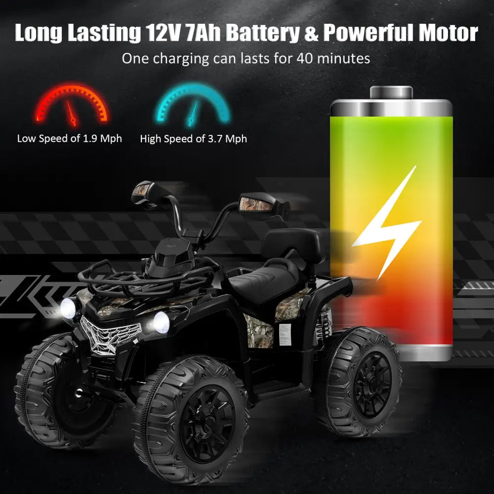 12V Kids Ride On ATV 4 Wheeler with MP3 and Headlights-Black - Black - Powered Ride On Toys