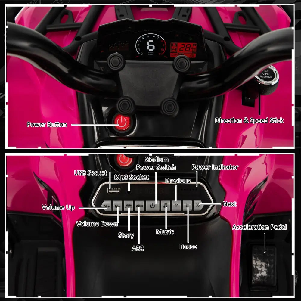 12V Kids Ride On ATV 4 Wheeler with MP3 and Headlights-Pink - Pink - Powered Ride On Toys