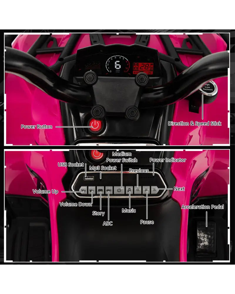 12V Kids Ride On ATV 4 Wheeler with MP3 and Headlights-Pink - Pink - Powered Ride On Toys