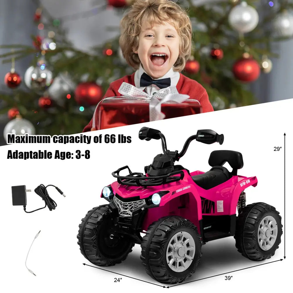 12V Kids Ride On ATV 4 Wheeler with MP3 and Headlights-Pink - Pink - Powered Ride On Toys