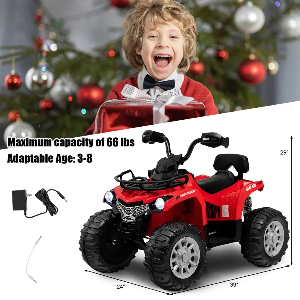 12V Kids Ride On ATV 4 Wheeler with MP3 and Headlights-Red - Red - Powered Ride On Toys