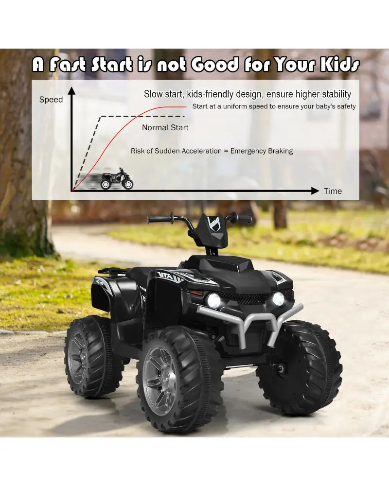 12V Kids Ride on ATV with LED Lights and Treaded Tires and LED lights-Black - Black - Powered Ride On Toys
