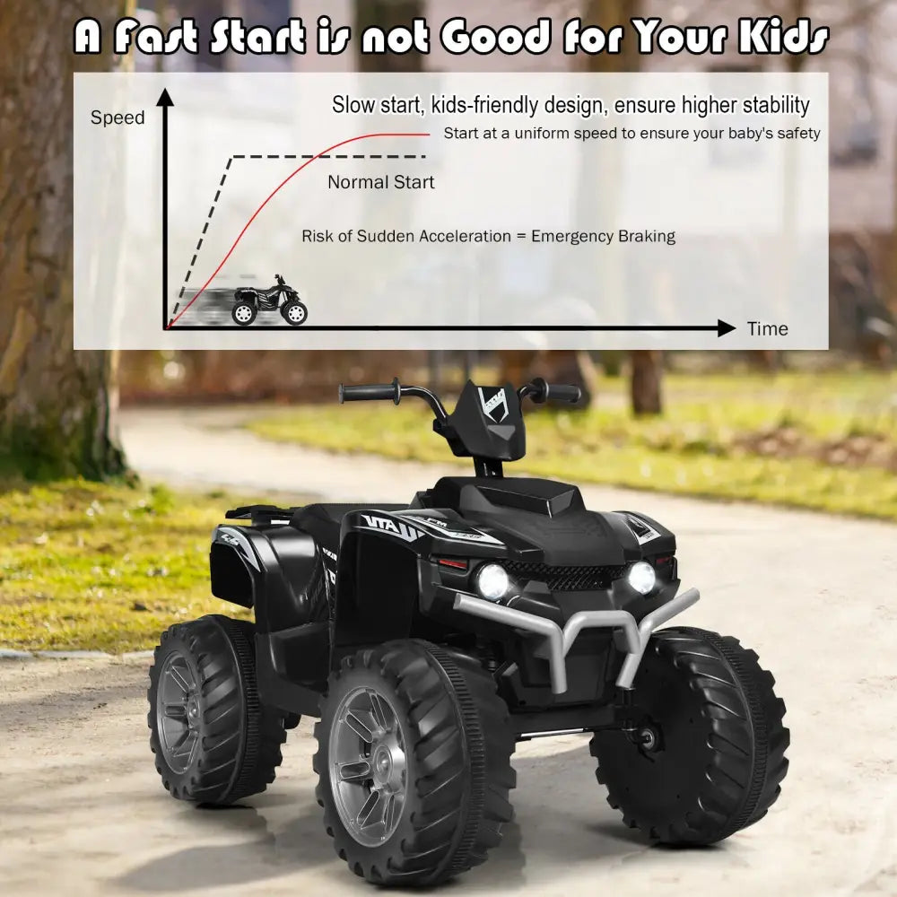 12V Kids Ride on ATV with LED Lights and Treaded Tires and LED lights-Black - Black - Powered Ride On Toys