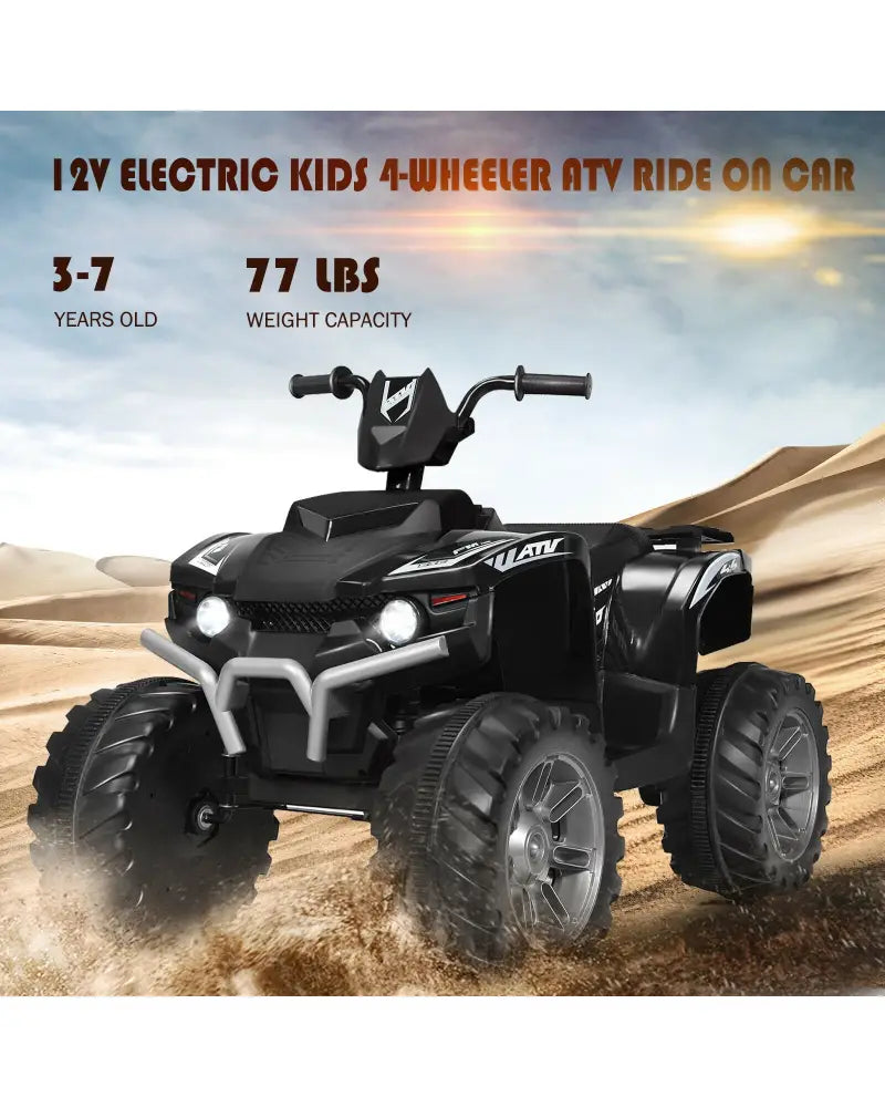 12V Kids Ride on ATV with LED Lights and Treaded Tires and LED lights-Black - Black - Powered Ride On Toys