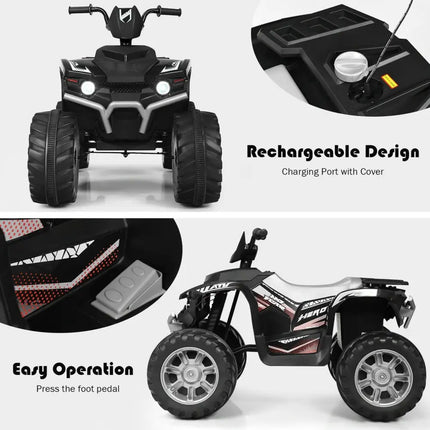 12V Kids Ride on ATV with LED Lights and Treaded Tires and LED lights - Black - Oasis Home Essentials