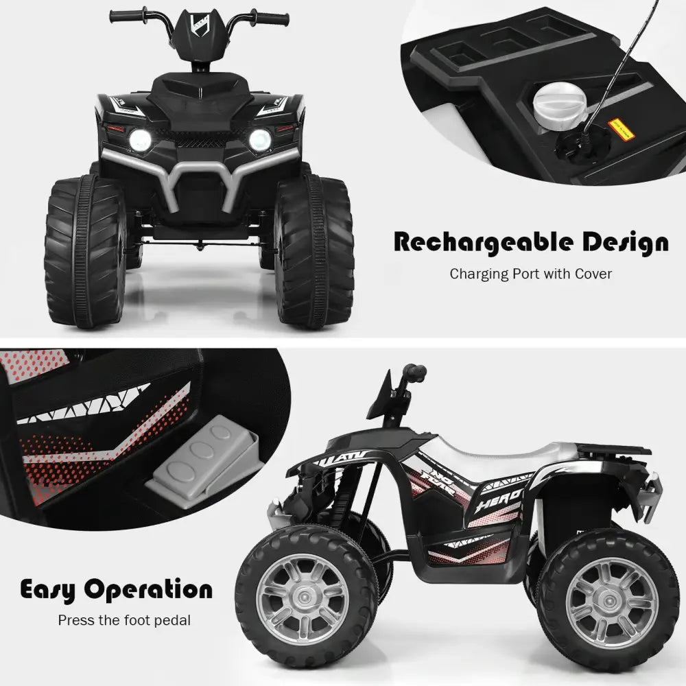 12V Kids Ride on ATV with LED Lights and Treaded Tires and LED lights - Black - Oasis Home Essentials