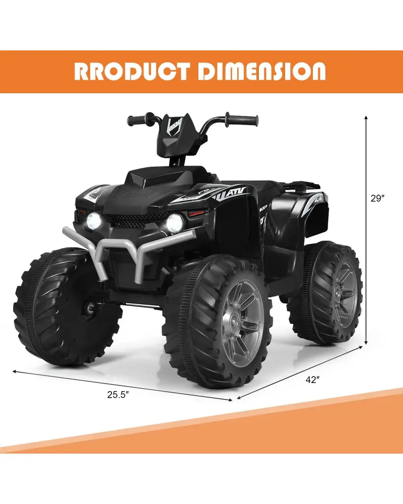 12V Kids Ride on ATV with LED Lights and Treaded Tires and LED lights-Black - Black - Powered Ride On Toys