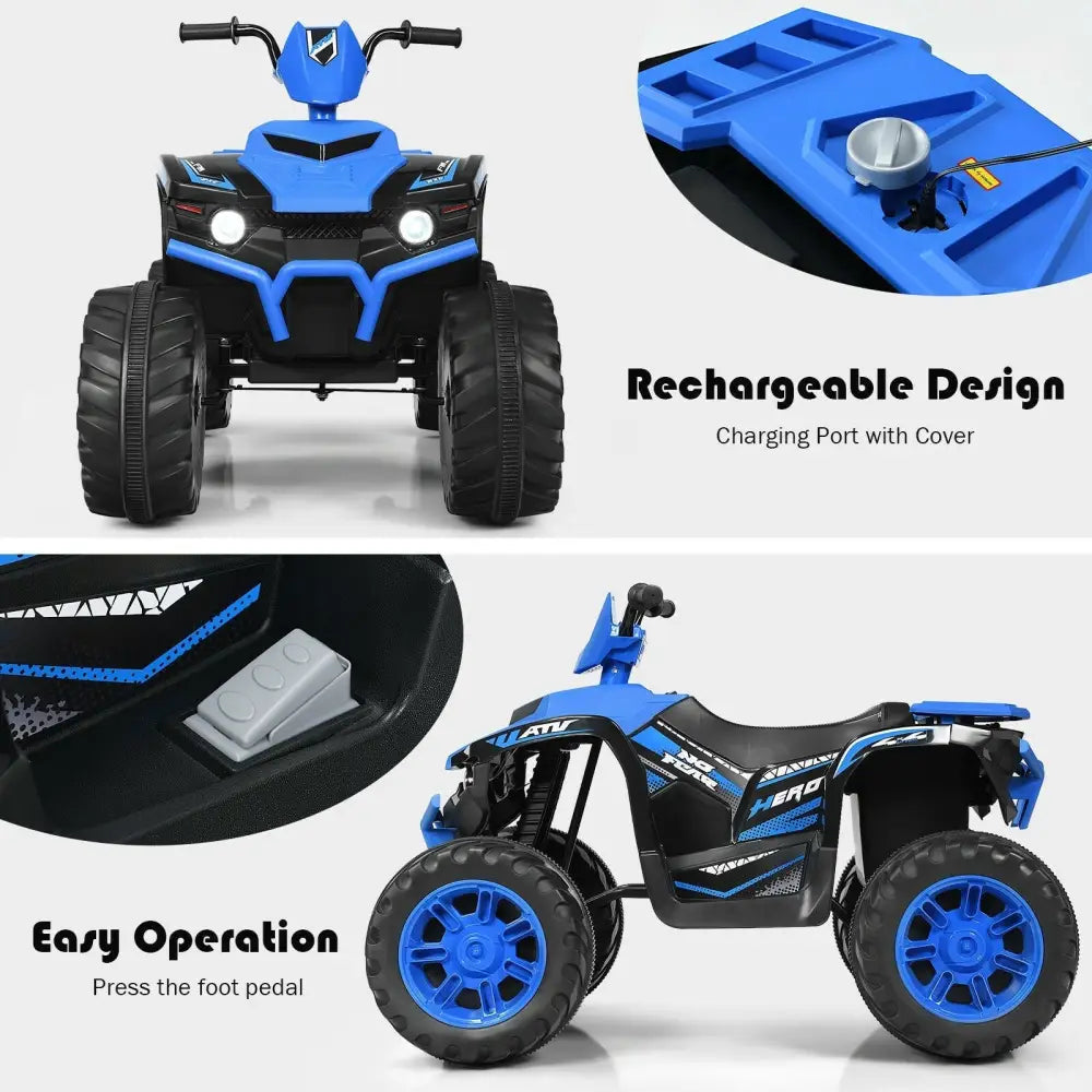 12V Kids Ride on ATV with LED Lights and Treaded Tires and LED lights - Navy - Oasis Home Essentials